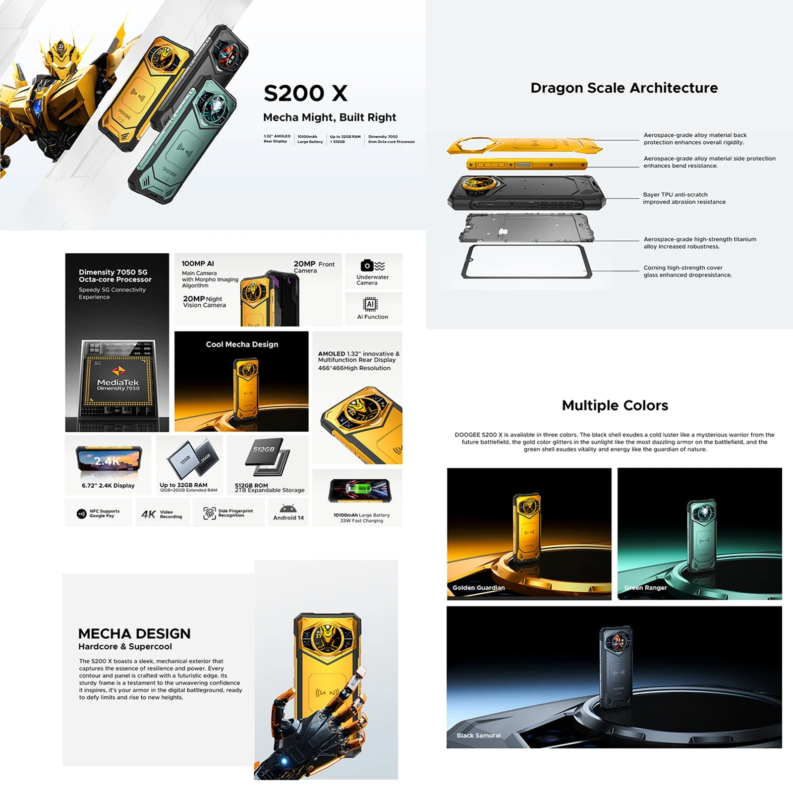 DOOGEE S200X هاتف متين 12GB + 512GB 6.72 بوصة أندرويد 14 الأبعاد 7050 10100mAh 33W 5G NFC الهاتف الذكي