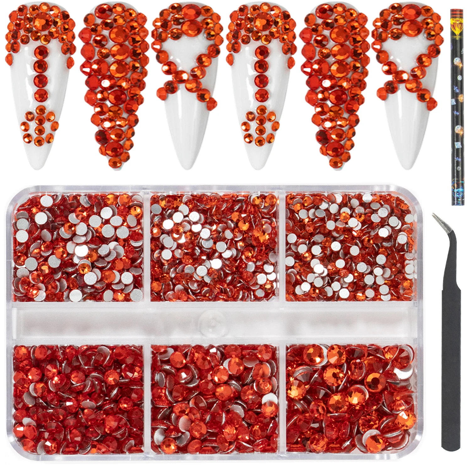 

HNUIX Luxury Shini 3D Diamond Orange Red multi-size Rhinestones Nail Charms Flat Bottom Crystals Nail Art 3D Decoration Gem Kit