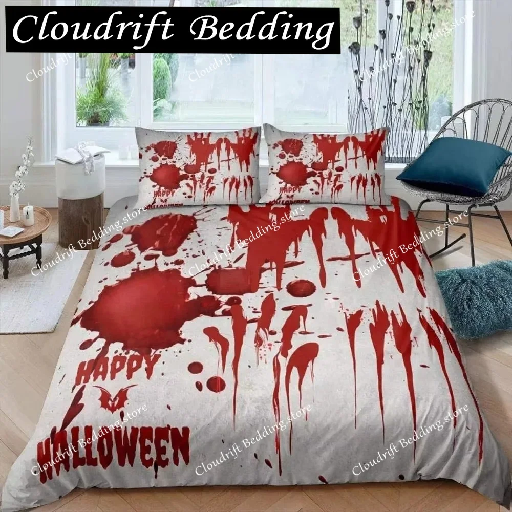 Halloween King Queen Duvet Cover Horror Blood Hand Bedding Set for Teens Scary Red Blood Stains Polyester Quilt Cover