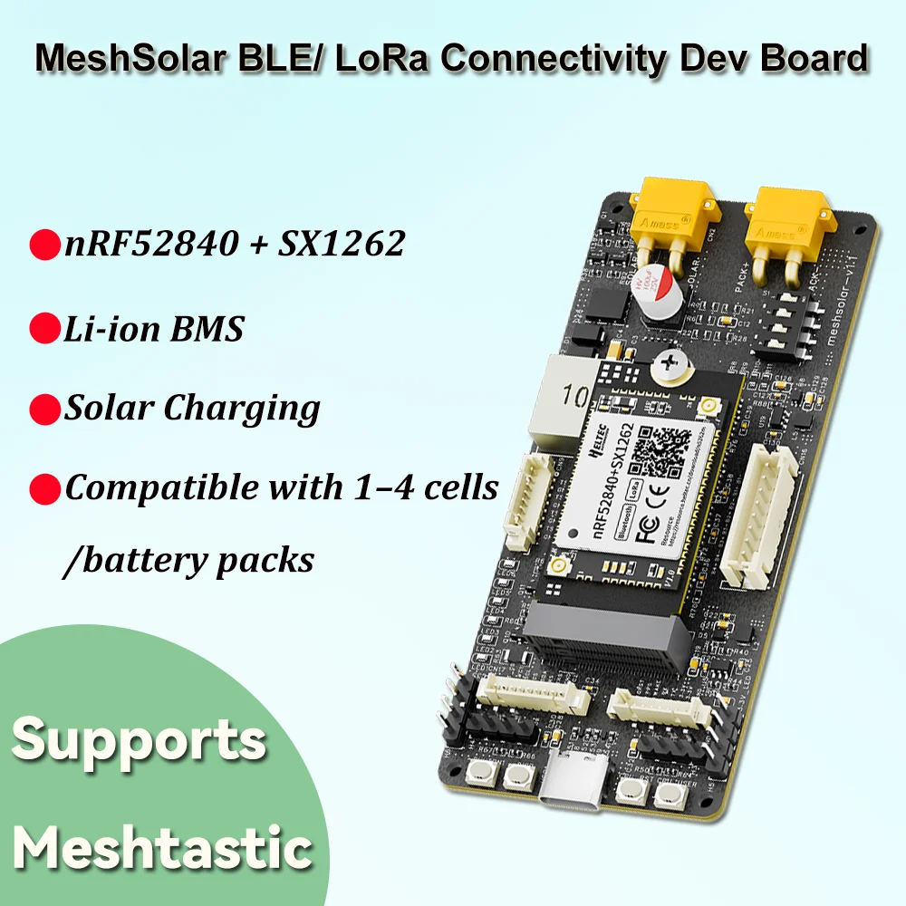 

Heltec Meshtastic MeshSolar Li-ion BMS Board 1-4 Cells 18-24V Solar DC/MPPT/USB PD3.0 Charging 10km BLE LoRa nRF52480+SX1262
