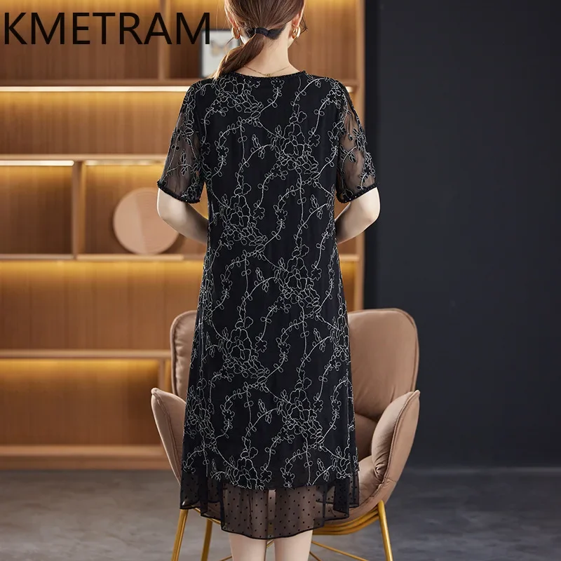 KMETRAM 100% Mulberry Silk Dress Women Summer 2024 Luxury Party Long Dresses Loose Womans Clothing Black Dress Vestidos Largos