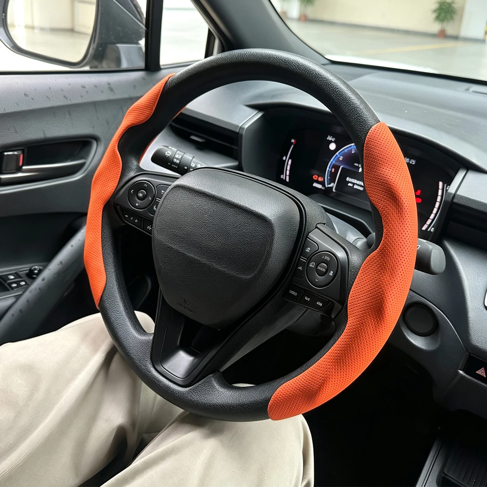 2 Stück Perforierte Leder-Lenkradbezüge, Atmungsaktiv, Rutschfest, Schweißabsorbierend, Universell für Autos, Auto-Zubehör – Detail 11
