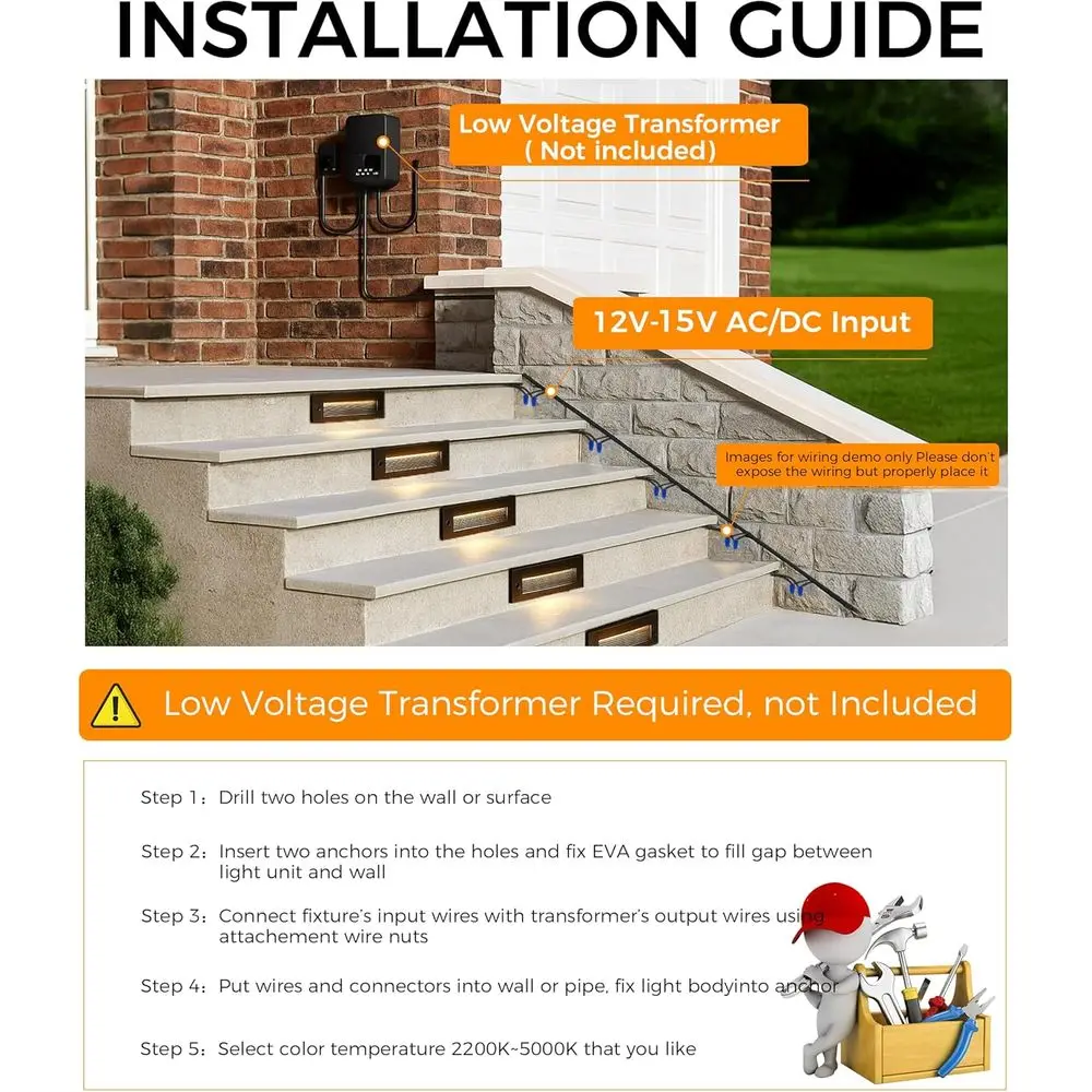 Luzes de passo externas LED 5CCT de 10 polegadas com brilho duplo, 12V-15V, 3W/5W, deck de alumínio preto e iluminação de escadas