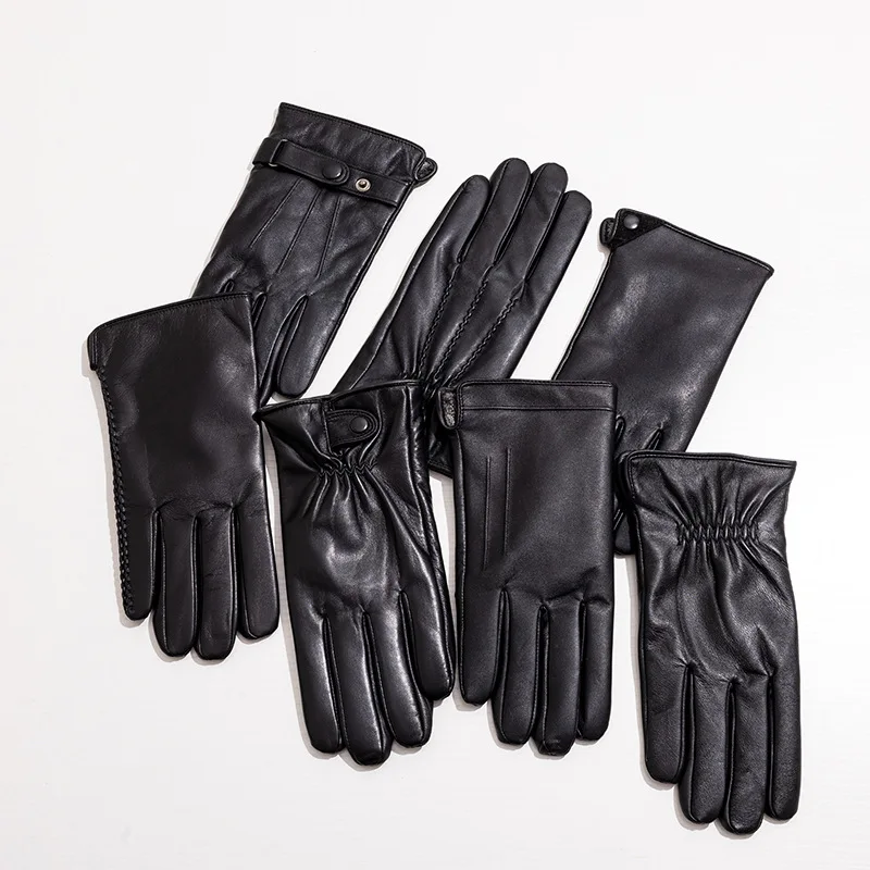 Natural Sheepskin Leather Gloves Men Genuine Leather Glove Male Short Thicken Warm Winter Black Touchscreen Driving Glove R2649