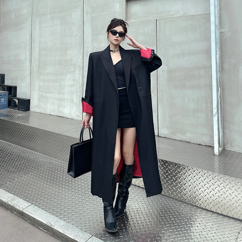 

SuperAen Korean Style Black Long Suit Jacket Women Thick Loose Autumn and Winter New Oversize Notched Tailored Coat