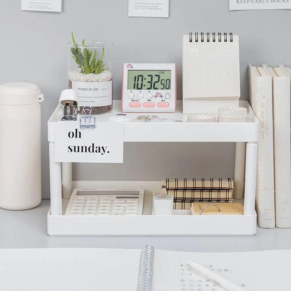 Double Layer Desktop Shelves Small Desk Organizer Storage Stand Compact PP Material Stationery Bookshelf Home Office Use