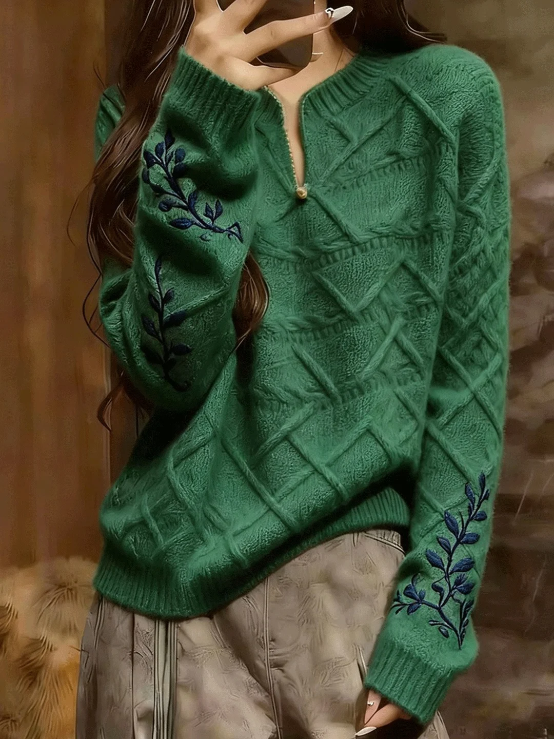 

Chinese Style Green Embroidered Sweater Women's Winter Knitted Shirt Unique Warm Base Layer Top for Daily Wear