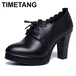 TIMETANG 35-43 Office Heel Shoes Women Pumps Platform Deep Mouth Block Black Oxford Footwear Lace up High Heels Red Wedding