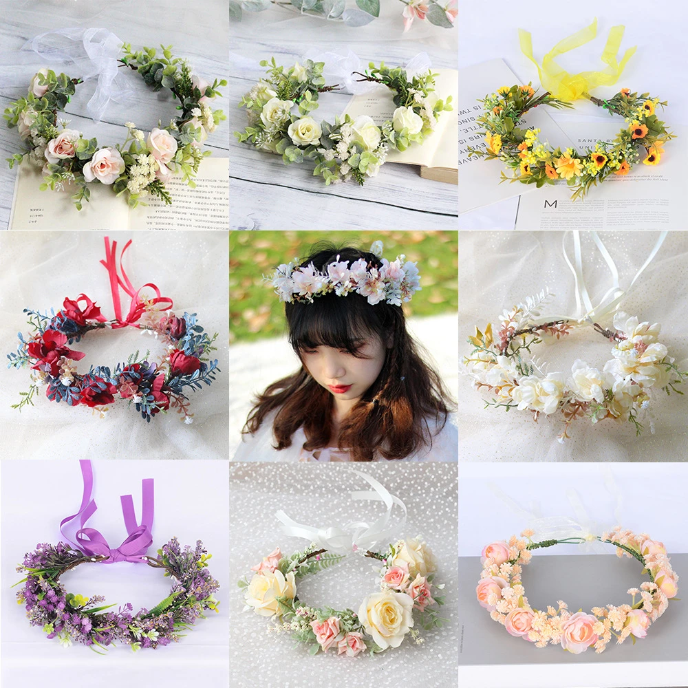 Heißer Verkauf Frühling Böhmische Blume Krone frauen Strand Hawaii Blumen Girlande Romantische Faux Rose Hochzeit Kränze Stirnband Blumen – Detail 2