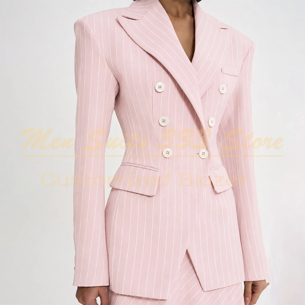 Formal Pink Stripe Women's Suits Elegant Double Breasted Peak Lapel Slim Fit 2 Piece Jacket Pants Outfits Customized Female Sets
