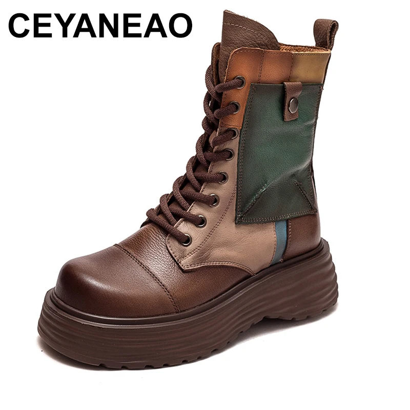

Handmade Boots Women Genuine Leather Round Toe Lace-up Zipper Platform Thick-soled Mid-calf Boots Retro Zapatos