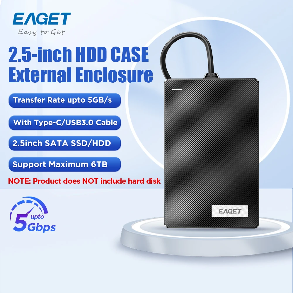 

Eaget 2,5-дюймовый SATA SSD/HDD CASE 5 Гбит/с Внешний корпус Type-C USB3.0 Кабель Максимум 6 ТБ для настольного ноутбука Маршрутизатор ТВ PS4