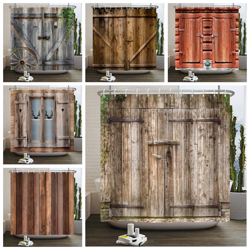 Rustic Wooden Vintage Wood Shower Curtain Farmhouse Country Barn Door Bathroom Decor Garage Cabin Bath Screen Hanging Curtain