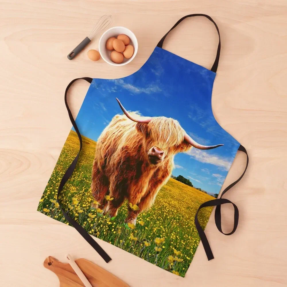 

Highland Cow in buttercup pasture Apron For Kitchen For Men Apron