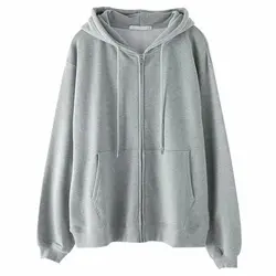 Sudadera con capucha de gran tamaño para mujer, cárdigan gris, ropa lisa con cremallera, Tops de manga larga para primavera