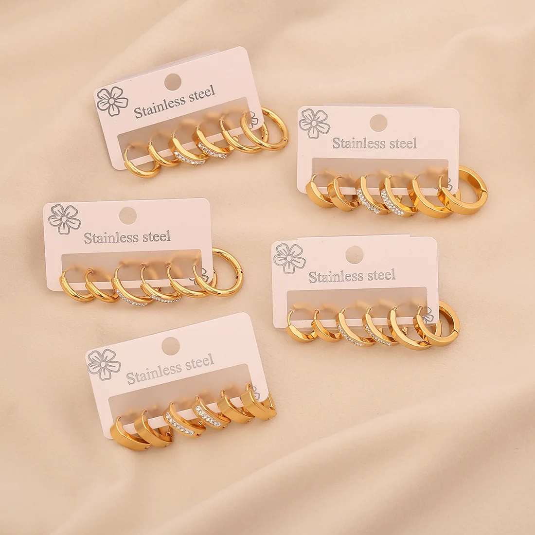 New Fashionable 3 Pairs Set Rhinestone Hoop Earrings, Light Luxury Titanium Steel Studs, Premium Versatile Ear Jewelry