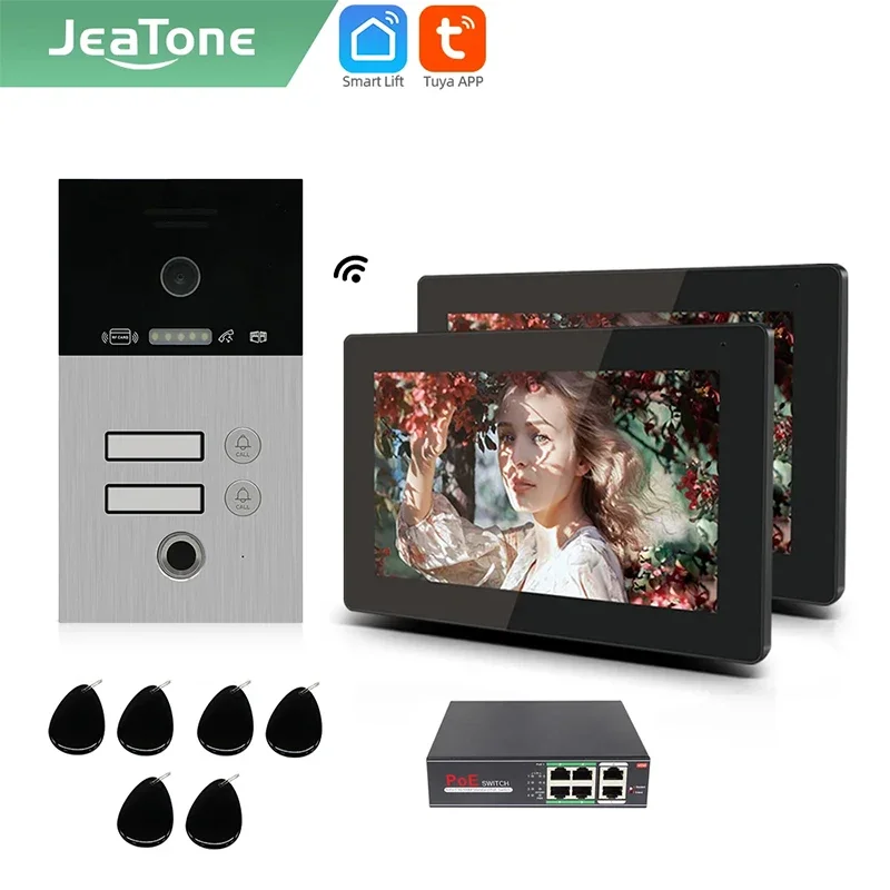 Jeatone Tuya 7-Zoll-Video-Türsprechanlage, Gegensprechanlage, Türklingel mit Fingerabdruck, RFID-Passwort, IR-Entsperrung, kabellose WiFi-Türklingel