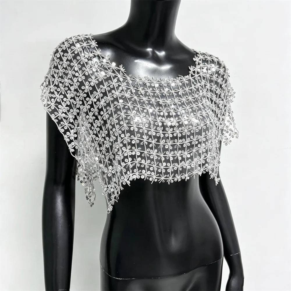 Damen Acryl-Pailletten Mesh Crop Tops Sexy Ausgehöhlt Durchsichtig Handgefertigtes Patchwork T-Shirt Rave Festival Party Tanktops – Detail 11
