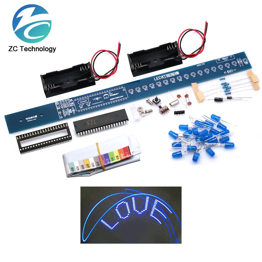 16 Bits POV LED Stick Light Rocker Diy Kit Shaking STC89C52 51 Microcontroller Electronic Solder Kits Blue/Red Display