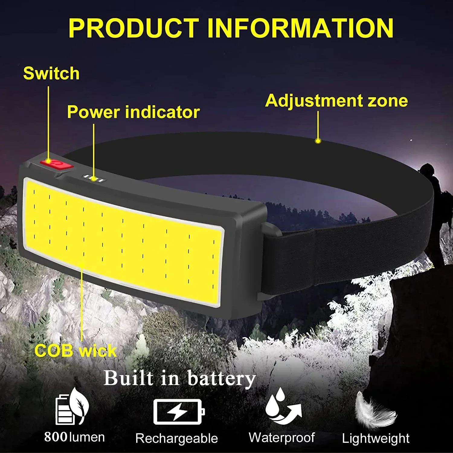 Nova tendência cob faróis ao ar livre doméstico portátil led farol com bateria embutida 1200mah usb recarregável cabeça lâmpada