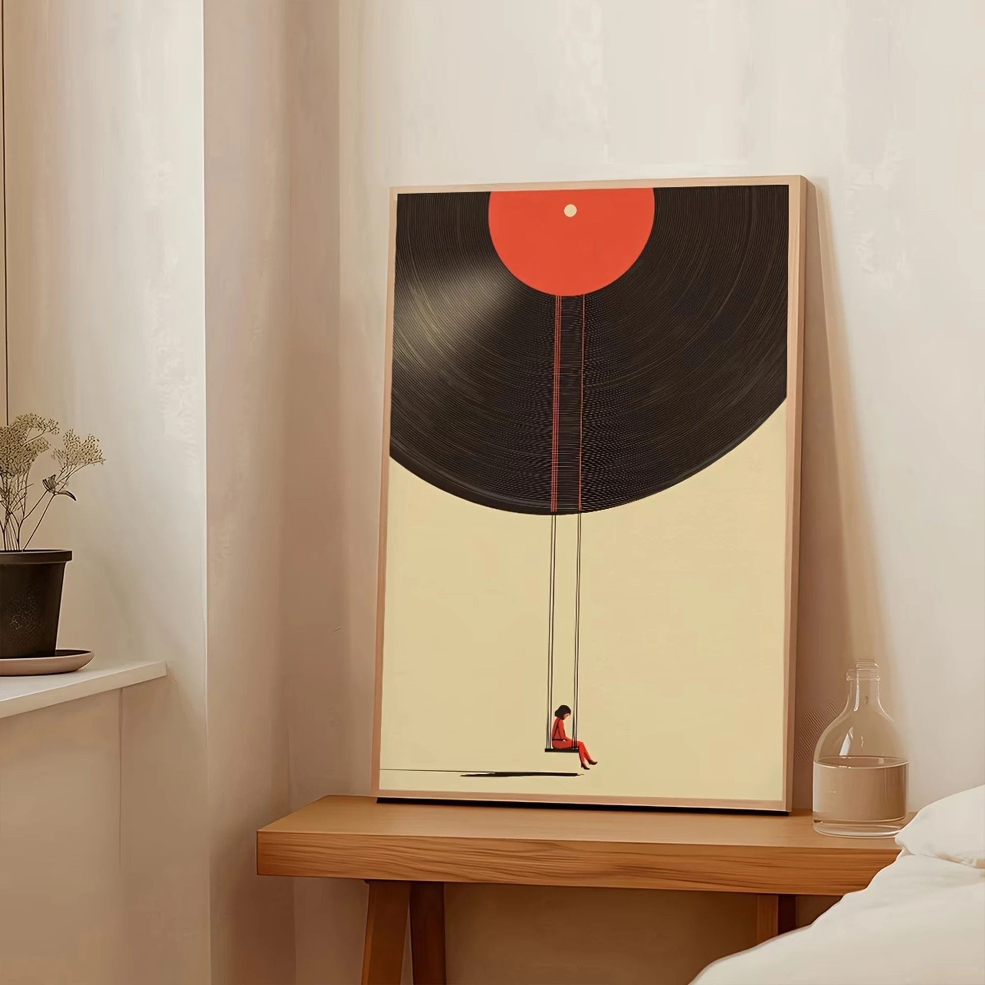 Retro Girl Swinging Under Vinyl Record Wall Art Print Canvas Painting Poster Picture For Living Room,Bedroom Home Decor