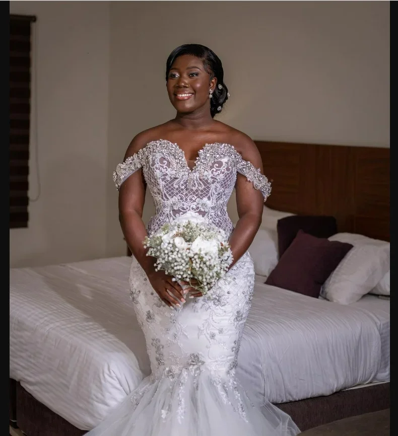 Vestido De Novia De sirena personalizado con hombros descubiertos, apliques De cristal brillante, vestidos De Novia africanos para exteriores, Vestido De Novia