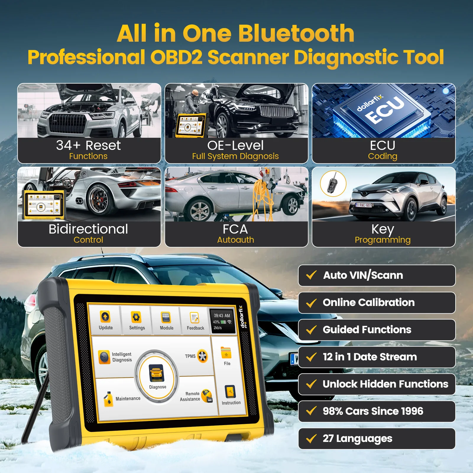 DollarFix PF8 Professional OBD2 Scanner OE-level Full System Diagnostic Tool ECu Coding Bi-Directional Active Test 34 Resets 64G