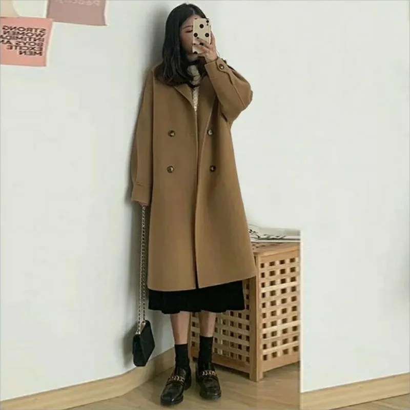 Hepburn Wind Woolen Coat Women's Mid-Length 2024 Autumn Winter New Style knee-high Woolen Coat