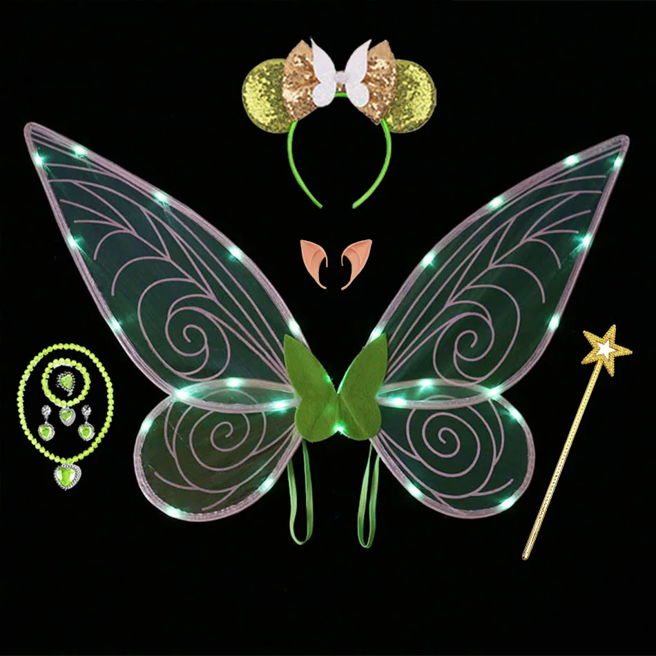 Girls Rainbow Led Light Angel Elf Wing Kids Adults Green Carnival Halloween Cosplay Tinker Bell Dress Up Women Party Accessories