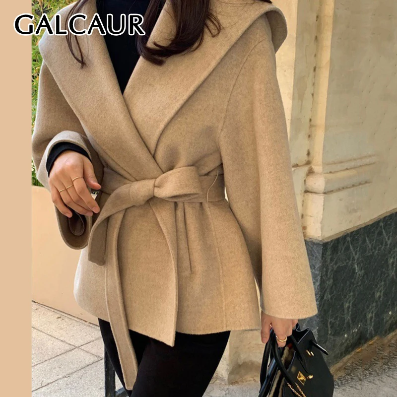 

GALCAUR Elegant Office Wool Coats For Women Lapel Long Sleeve Patchwork Lace Up Solid Temperament Outwear Female Clothes Autumn