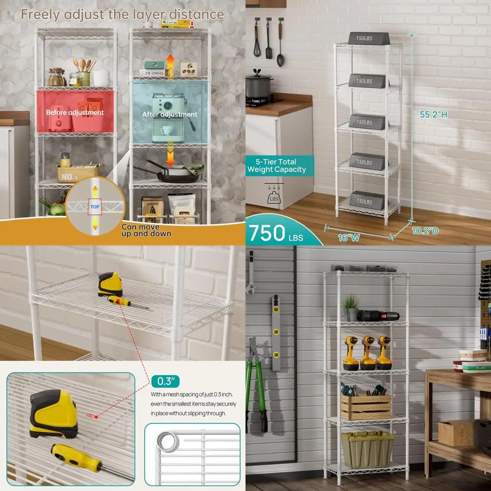 

Компактные 5-ярусные проволочные стеллажи для решения для хранения на кухне, кладовой, ванной комнате, белья и в гараже