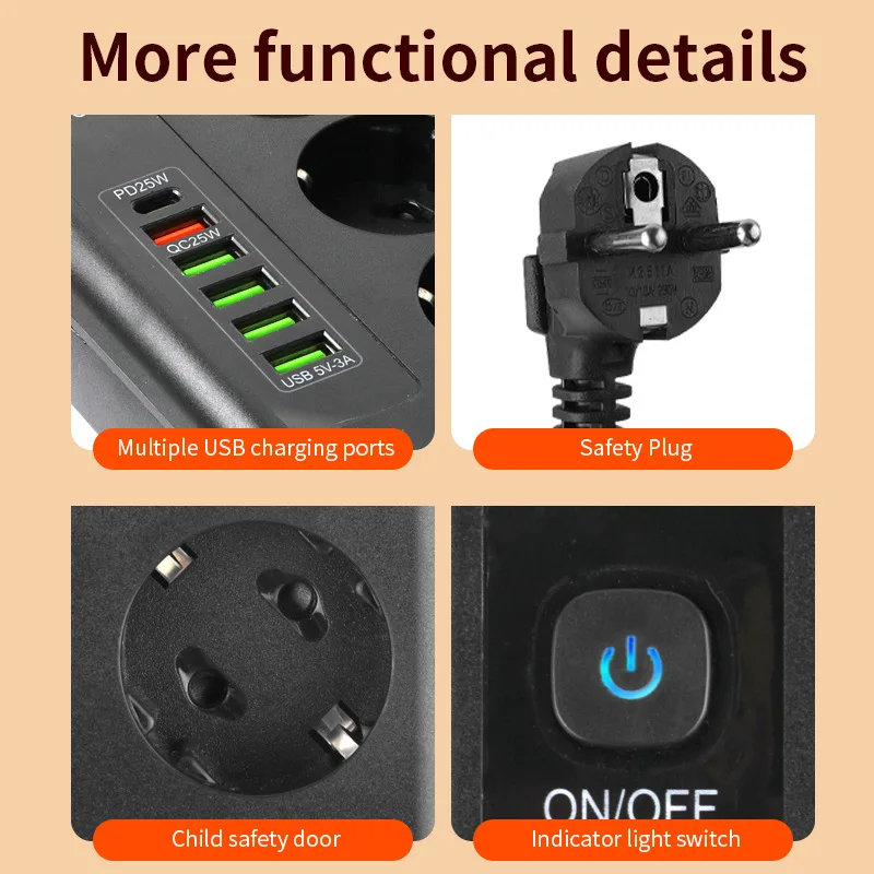 EU European Standard Socket German Universal Socket Extension USB Type C PD Fast Charge EU Standard with Power Switch YH6 2Meter