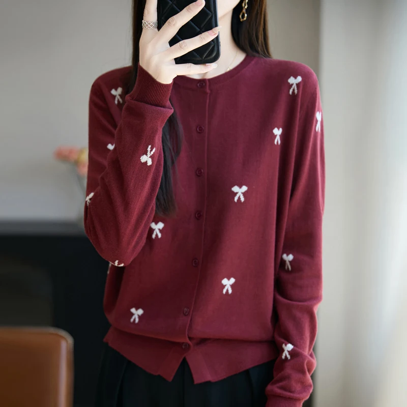 

2025 autumn/winter cardigan sweater women's cashmere cardigan contrasting color bow clip flower cardigan women's cardigan