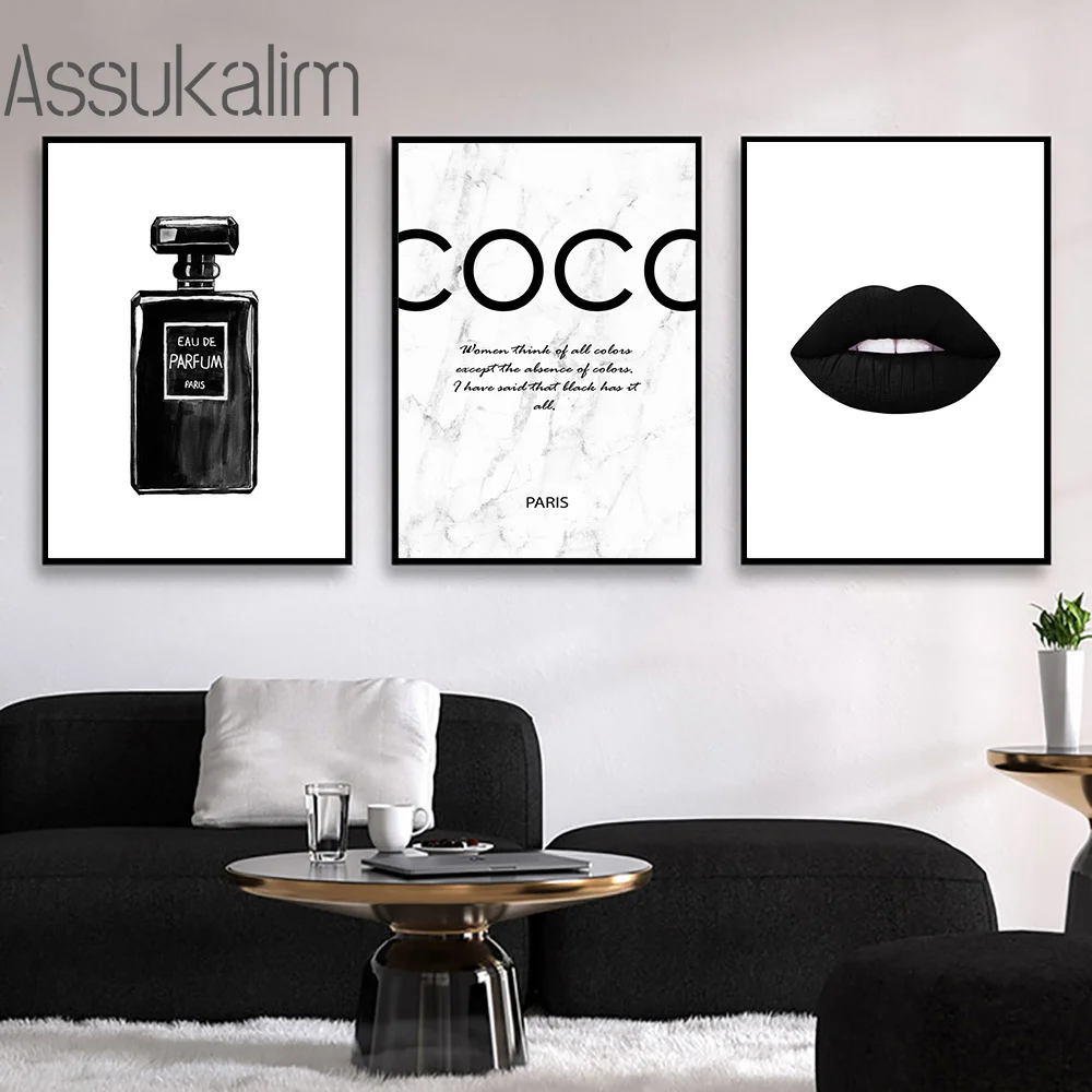 

Black And White Print Pictures Fashion Painting Poster Lips Canvas Painting Perfume Wall Art Nordic Wall Posters Bedroom Decor