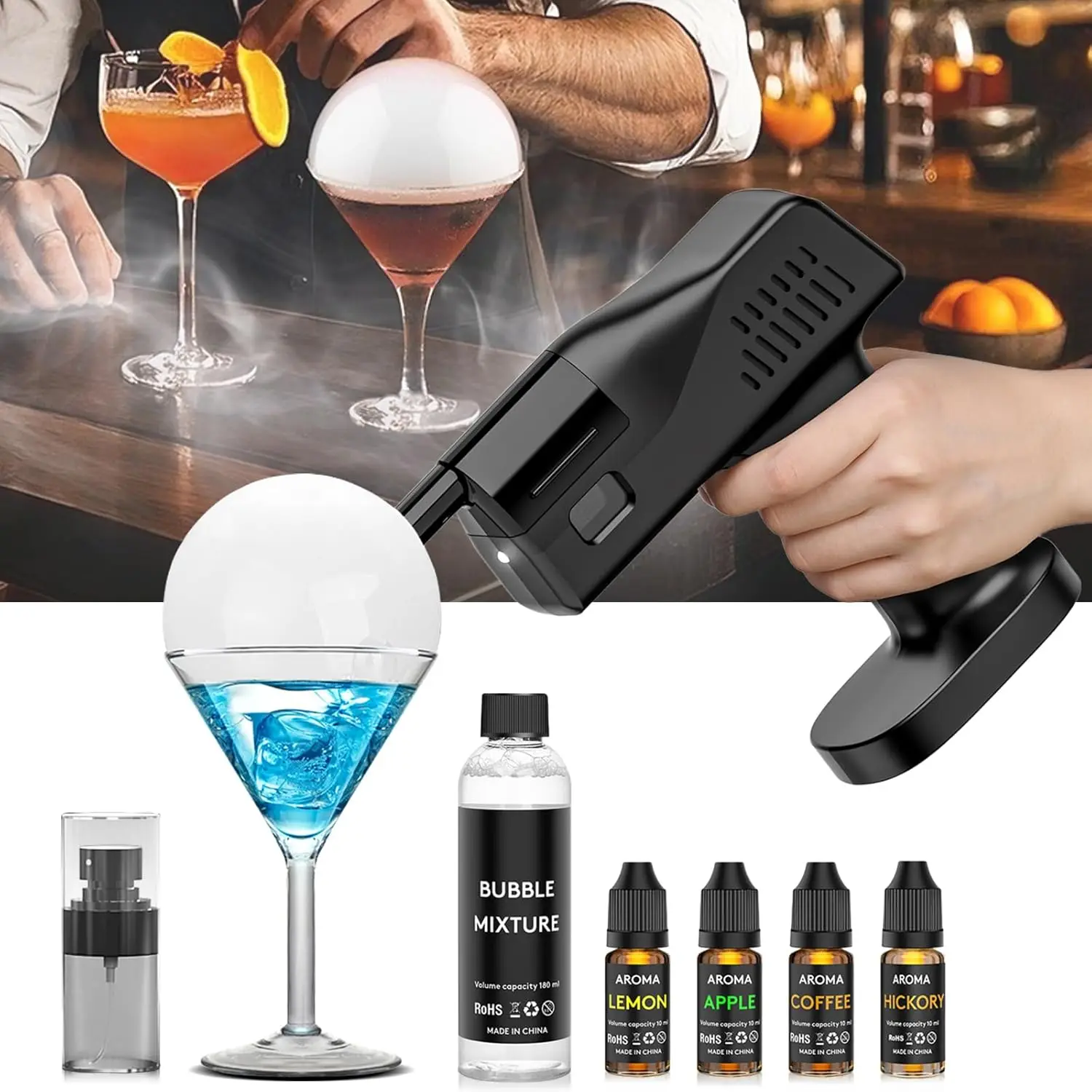 

Cocktail Bubble Smoke Gun, One Key Operation, Handheld, with 1.4 Inch Color Screen, for Bartenders, Bar, Party, Wine, Drinks, Co