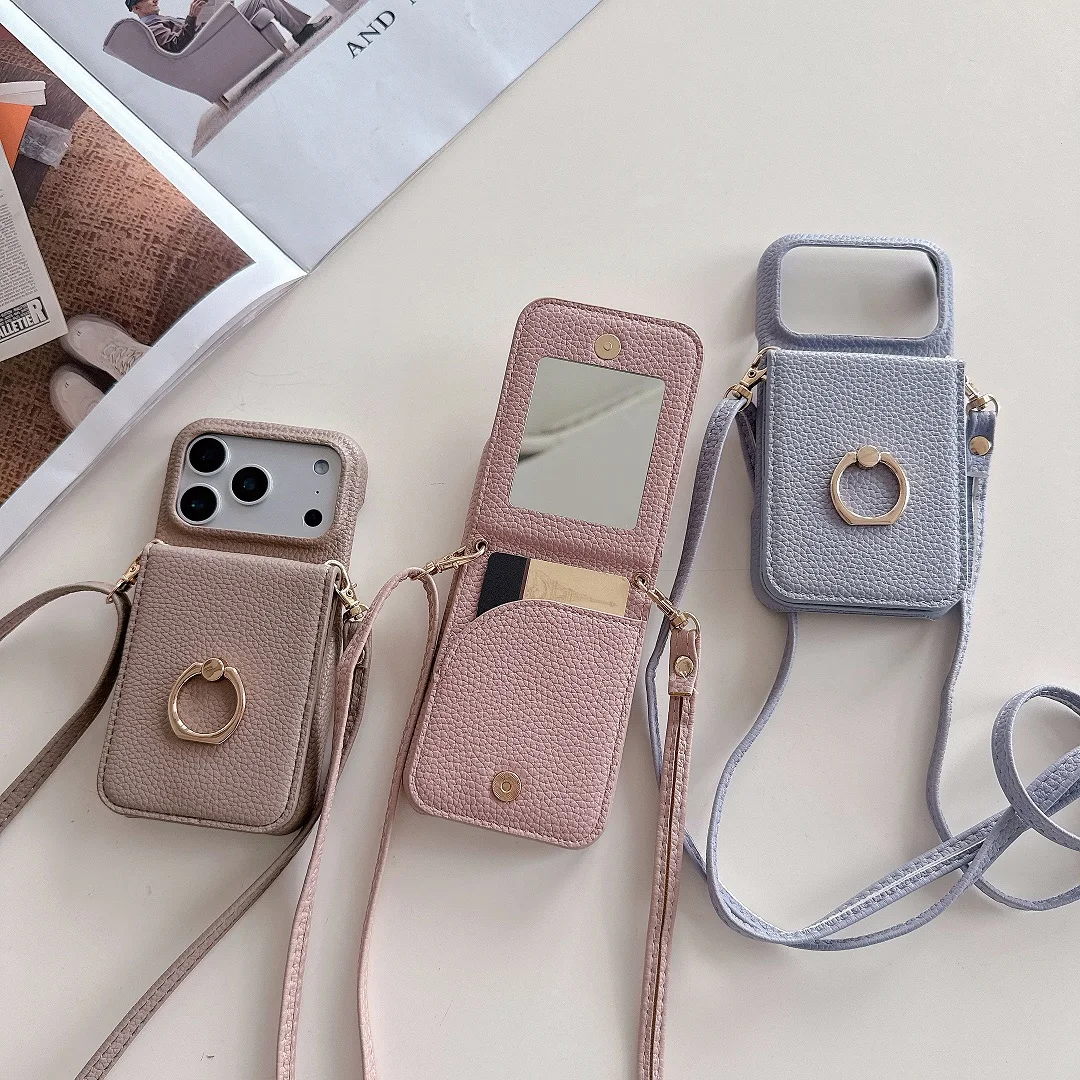 

Crossbody Strap Leather Card Slot Wallet Case For iPhone 11 12 13 14 15 16 17 Air 17 Pro Max Plus Mirror Makeup Cover Ring Stand