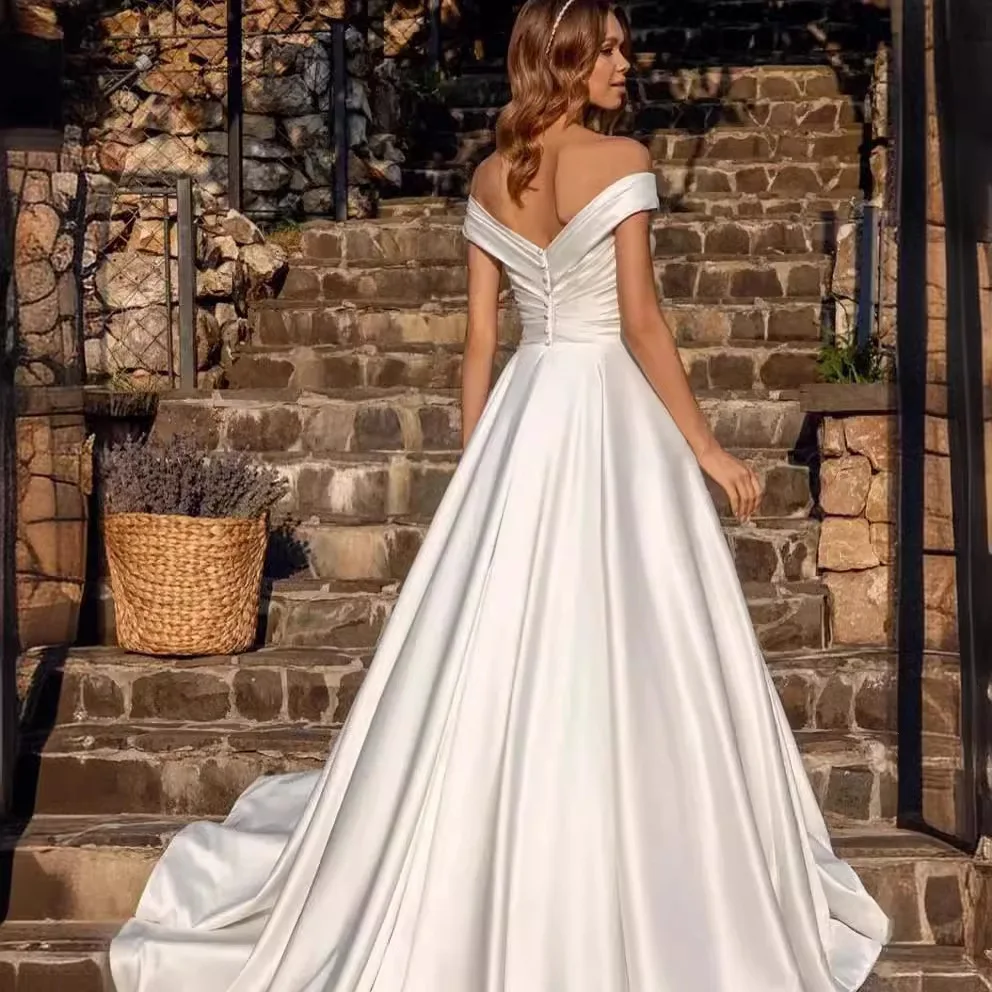 2024 novo vestido de cetim retrô com um ombro elegante vestido de noiva de recepção vestido branco