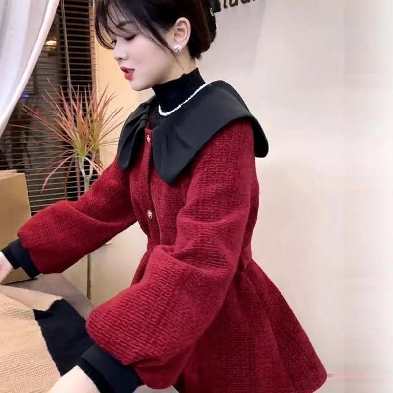 High end doll collar small fragrant style waist cinched coarse woolen coat 2025 autumn new temperament medium long coat