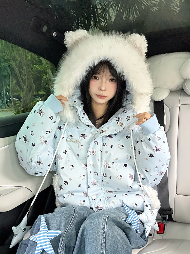 

Cute Stars Sweet Parkas Women Loose Fashion Kawaii Puffy Coat Preppy Style Japan Chic Bear Ears Long Sleeve Winter Hooded Jacket