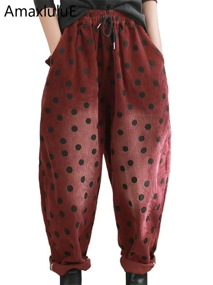

Amax luluE 2024 Winter Womens Korean Fashion Loose Dot Warm Corduroy Pants Ladies Thicken Leisure Vintage Classic Harem Trousers