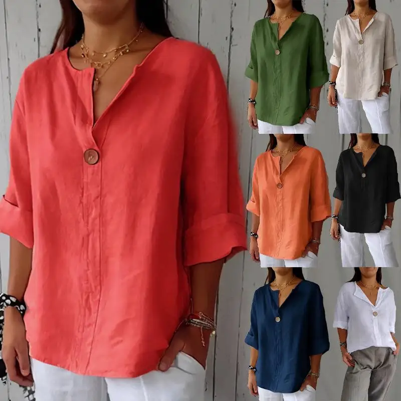 

Women's Cotton Linen T-shirt Collar Top Loose Fit Five Sleeve Color Splicing Process Comfortable Breathable Polyester