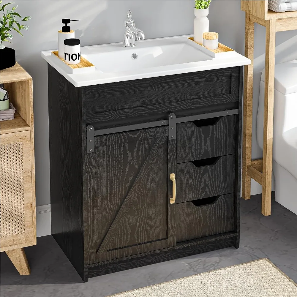 

30" Bathroom Vanity with Sink, Farmhouse Bathroom Cabinet, Bathroom Vanity Set with Sliding Barn Door & 3 Drawers