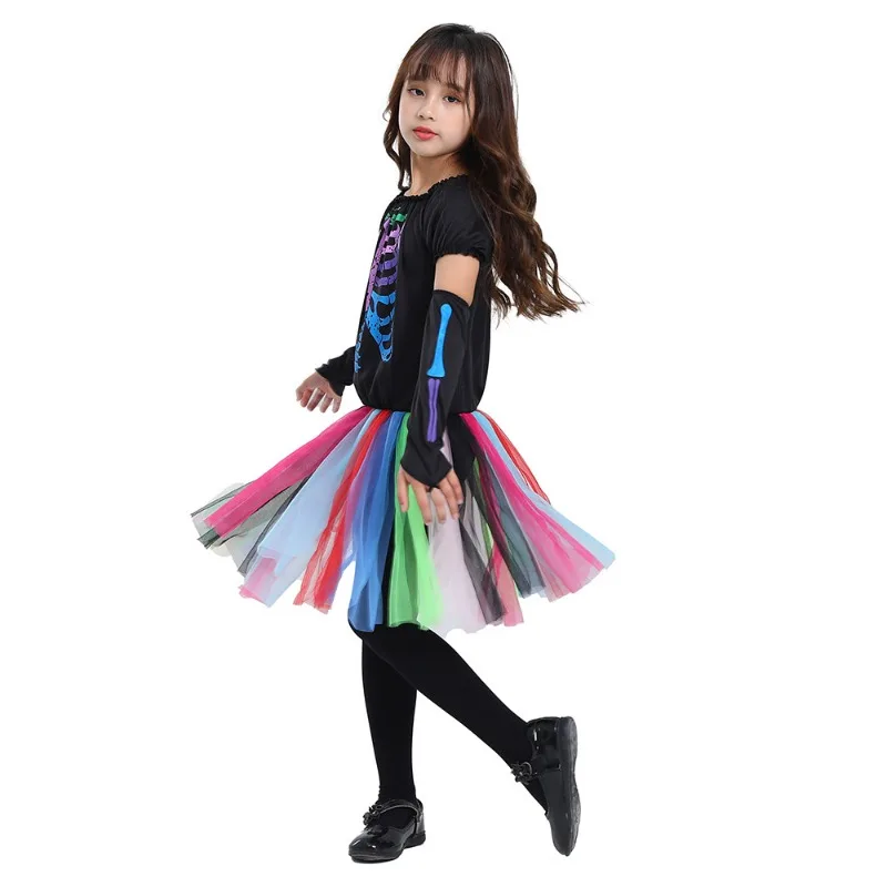 فستان على طراز الشارع الأمريكي الشرير الصخرة الملون النيون الهيكل العظمي لحفلات المدارس والهالوين للأطفال أزياء تلبيس