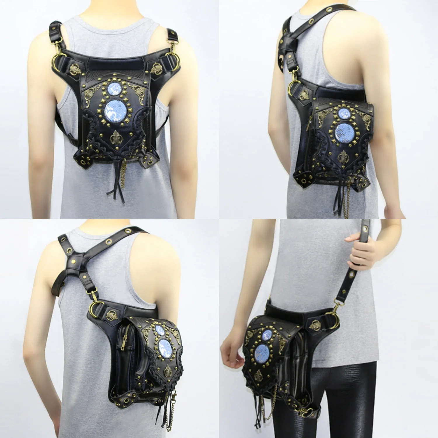 Gothic Steampunk Women Waist Bags,Retro Rock Punk Goth Shoulder Handbags,Men Leg Thigh Holster Leather Crossbody Bags