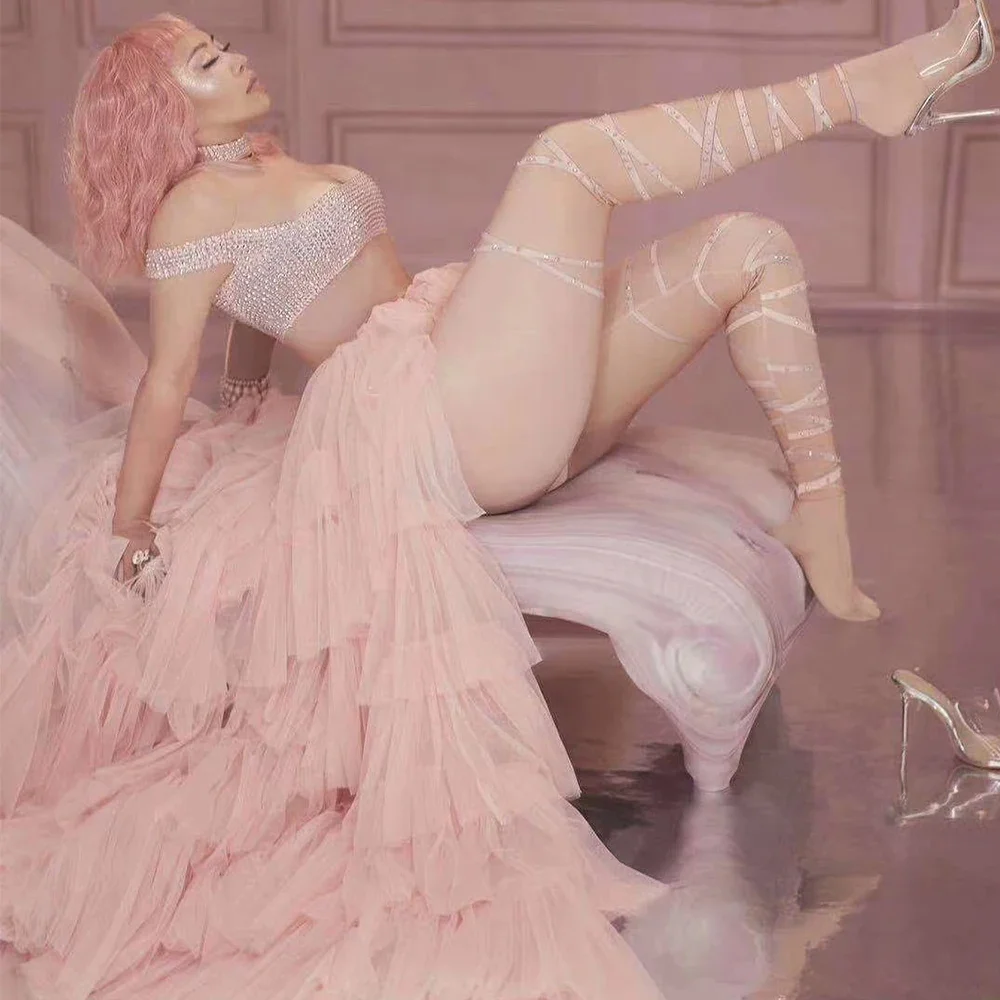 Shining Diamonds Strakke Stretch Mesh Netto Vrouwen Body Roze Rok Tweedelige Set Verjaardagsfeestje Outfit Zanger Dans Stadium Slijtage