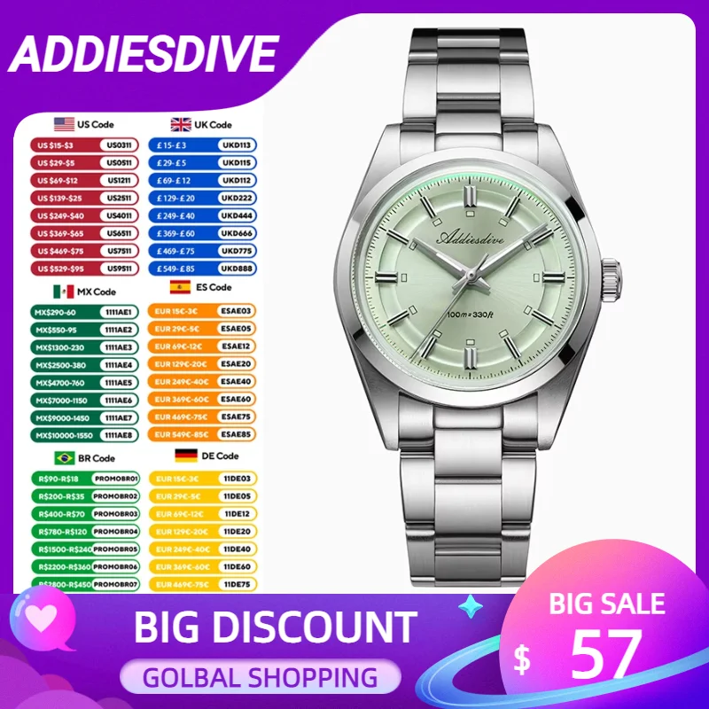 

ADDIESDIVE Simple New Quartz Watch Purple/golden/green Mens Watches K1 Mineral Bubble Mirror Glass AD2515 Man Waterproof Watches