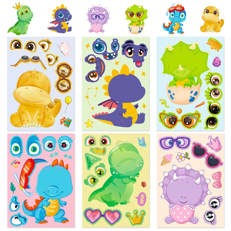 Changeable Faces Kids Stickers Creative DIY Make Your Own Dinosaur Face Stickers Assemble Jigsaw Puzzle Games Quiet Stiker Toys