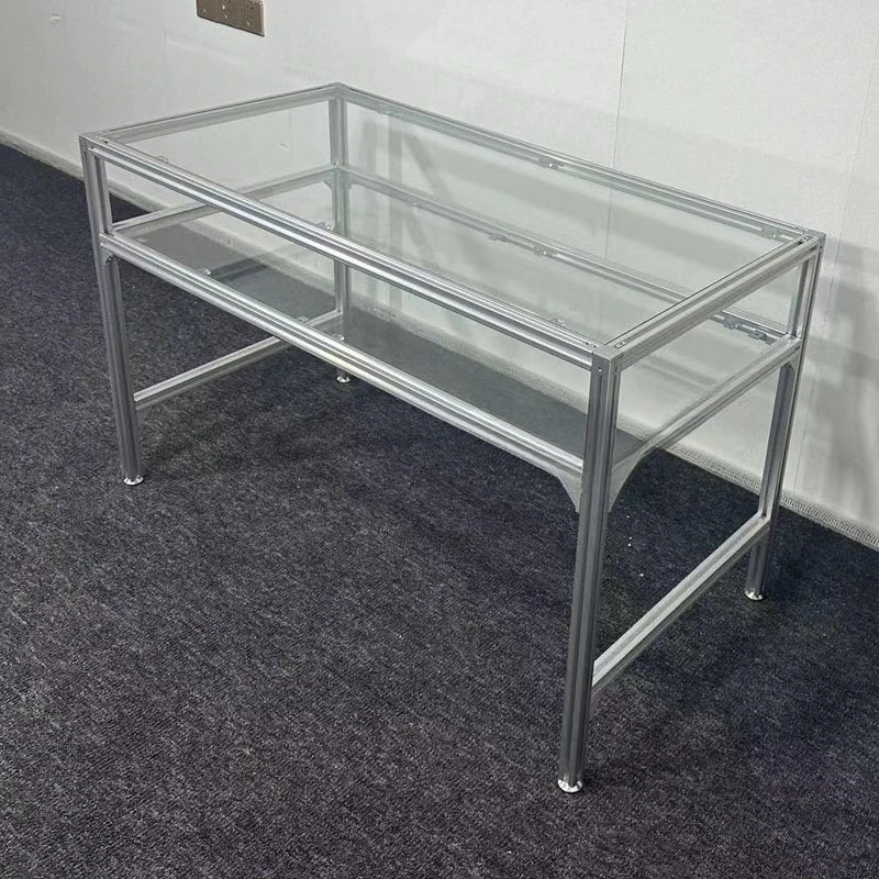 Computertisch aus Aluminiumprofil, mittelalterlicher Schreibtisch für Zuhause, Wohnzimmer, Schreibtisch aus Metall und Glastisch