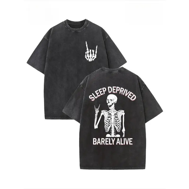 

Sleep Deprived Barely Alive T-Shirt Men Women Skeleton Hand Rock Roll Graphic Tee Gothic Punk Casual Top
