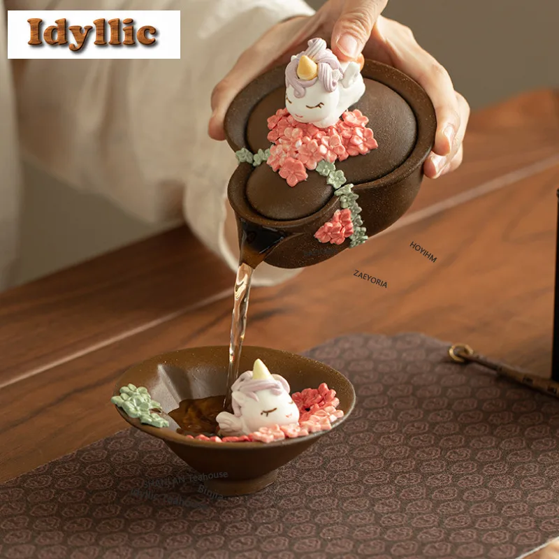 HOYIHM 50ml Wood-fired Horse Floral Teacup Vintage Tea Bowl Single Cups Tea-tasting Smelling Cup Jianzhan Master Cups Drinkware